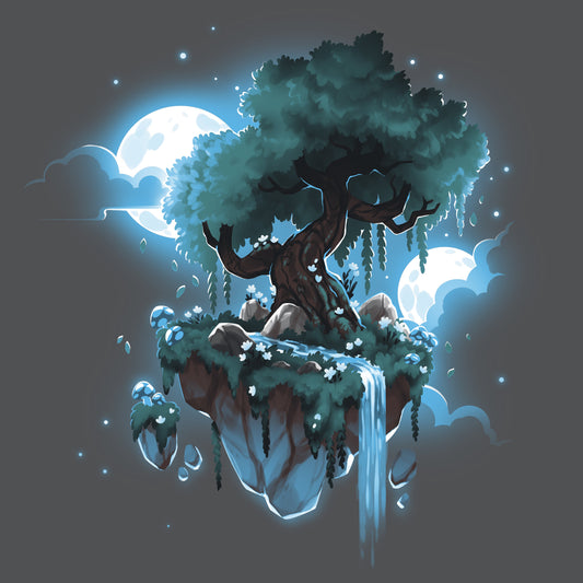 Premium Cotton T-shirt_TeeTurtle Mystical Floating Tree charcoal gray t-shirt featuring an illustration of a large tree on a floating island with a cascading waterfall and glowing blue moons in the background.