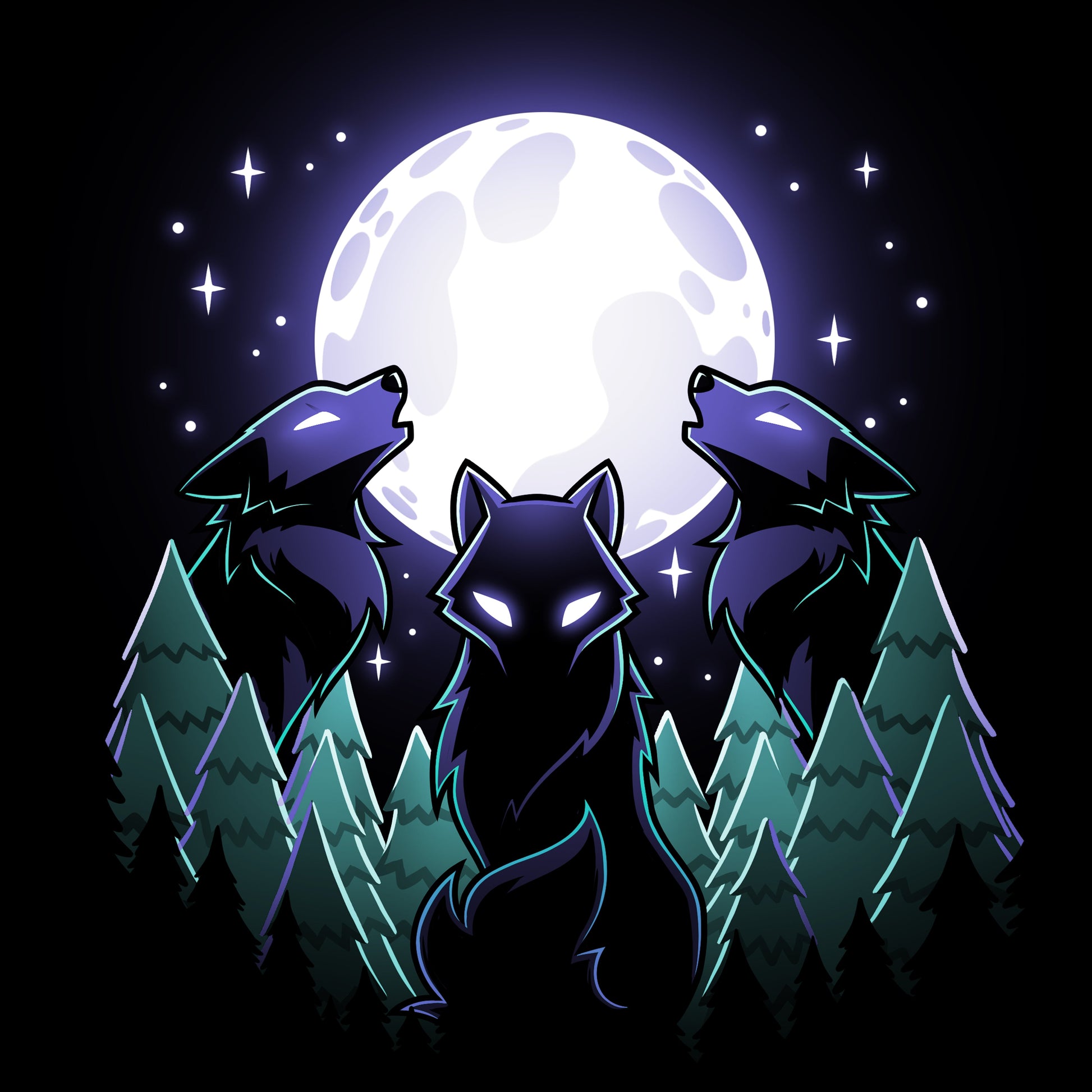 Premium Cotton T-shirt_TeeTurtle Mystical Moon black t-shirt featuring three wolves with glowing eyes howl at a large, Mystical Moon, surrounded by a nature forest of evergreen trees and twinkling stars in the night sky.