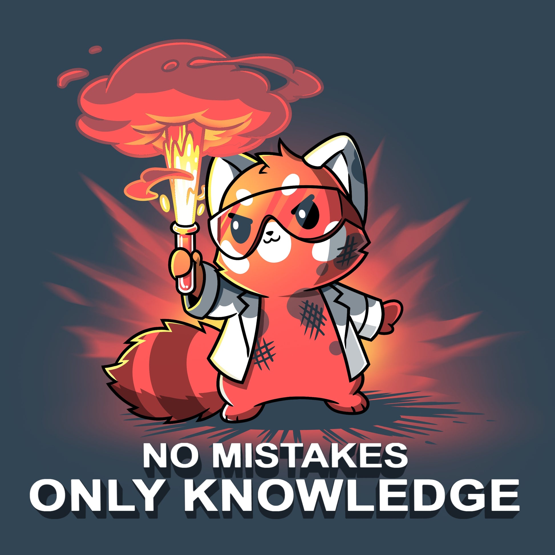 Premium Cotton T-shirt_TeeTurtle No Mistakes, Only Knowledge denim blue t-shirt featuring a red panda in a lab coat holding a flaming test tube with the text "no mistakes, only knowledge."