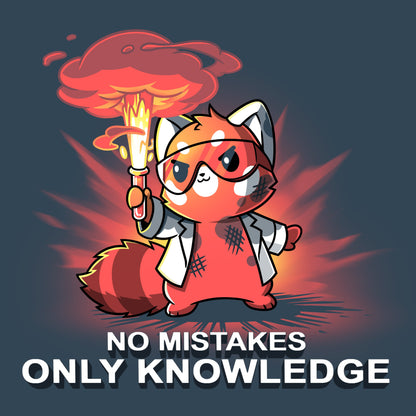 Premium Cotton T-shirt_TeeTurtle No Mistakes, Only Knowledge denim blue t-shirt featuring a red panda in a lab coat holding a flaming test tube with the text "no mistakes, only knowledge."