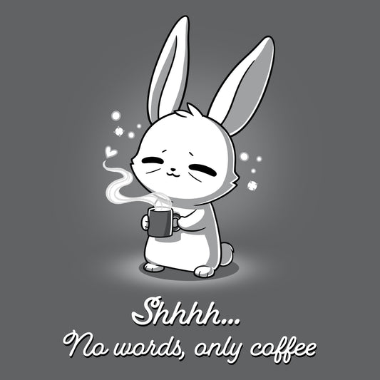 Premium Cotton T-shirt_TeeTurtle No Words Only Coffee Charcoal Gray t-shirt featuring a cartoon bunny with closed eyes holding a steaming coffee cup.