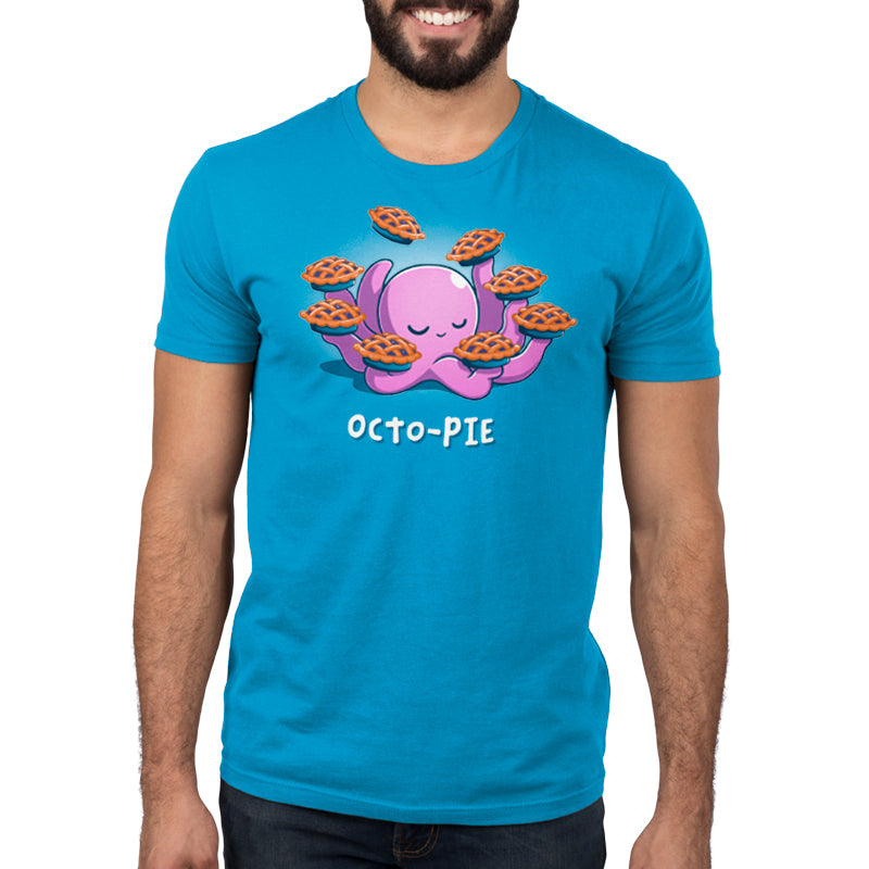 Premium Cotton T-shirt_Teeturtle Octo-Pie cobalt blue t-shirt featuring a cute cartoon octopus holding eight pies in its eight arms with 'Octo-Pie' written beneath.