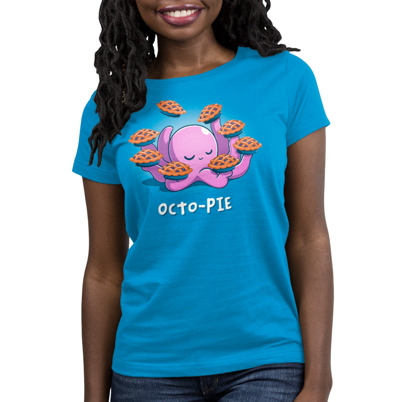 Premium Cotton T-shirt_Teeturtle Octo-Pie cobalt blue t-shirt featuring a cute cartoon octopus holding eight pies in its eight arms with 'Octo-Pie' written beneath.