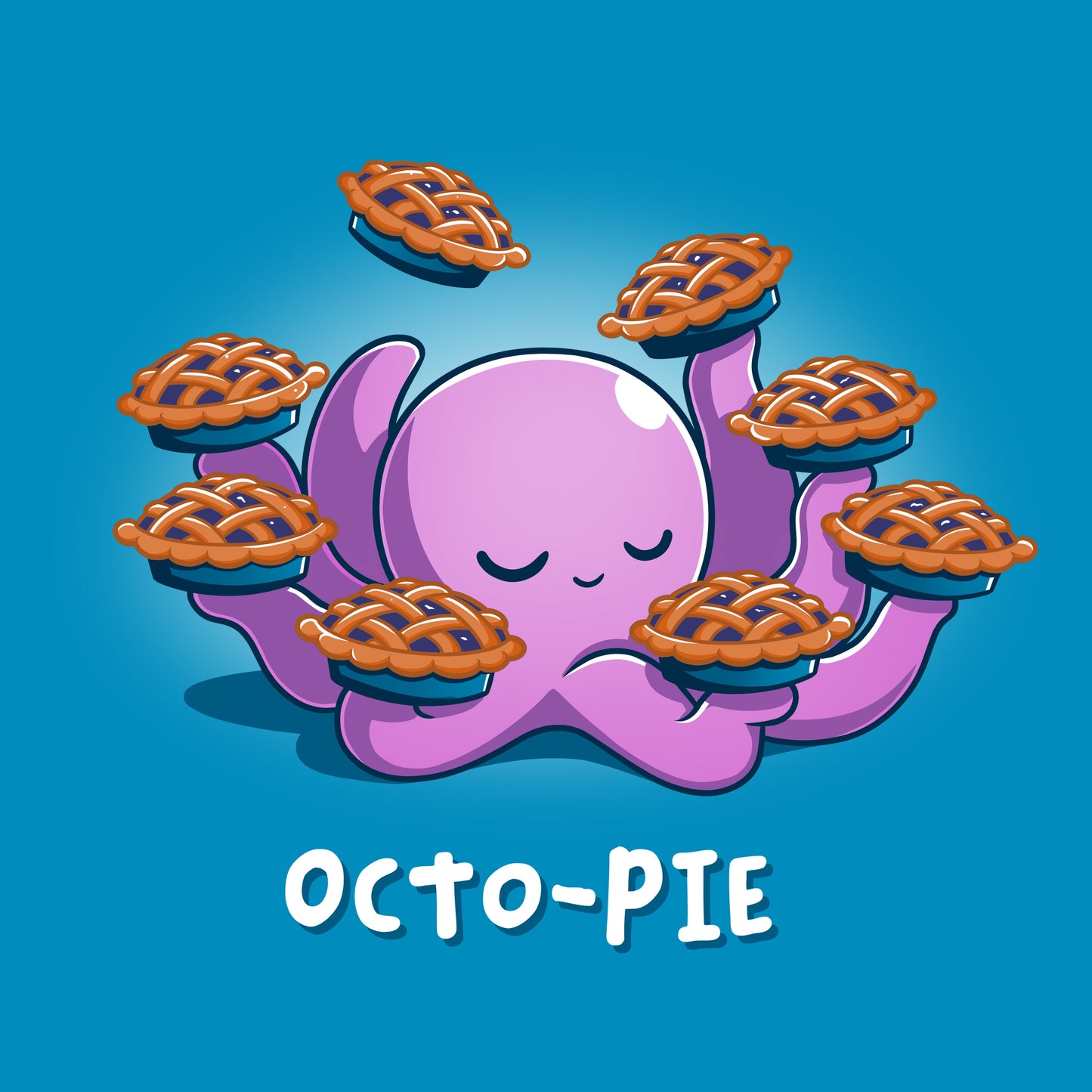 Premium Cotton T-shirt_Teeturtle Octo-Pie cobalt blue t-shirt featuring a cute cartoon octopus holding eight pies in its eight arms with 'Octo-Pie' written beneath.