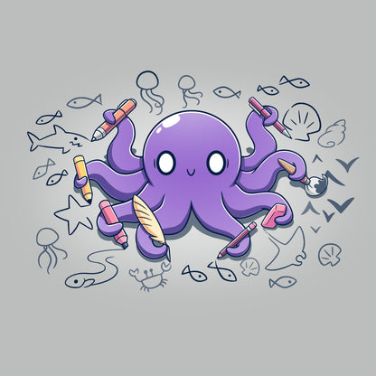 Premium Cotton T-shirt_TeeTurtle Octopus Artist silver gray t-shirt featuring an illustration of a cheerful purple octopus holding various creative tools, surrounded by sketches of sea creatures and nautical elements.