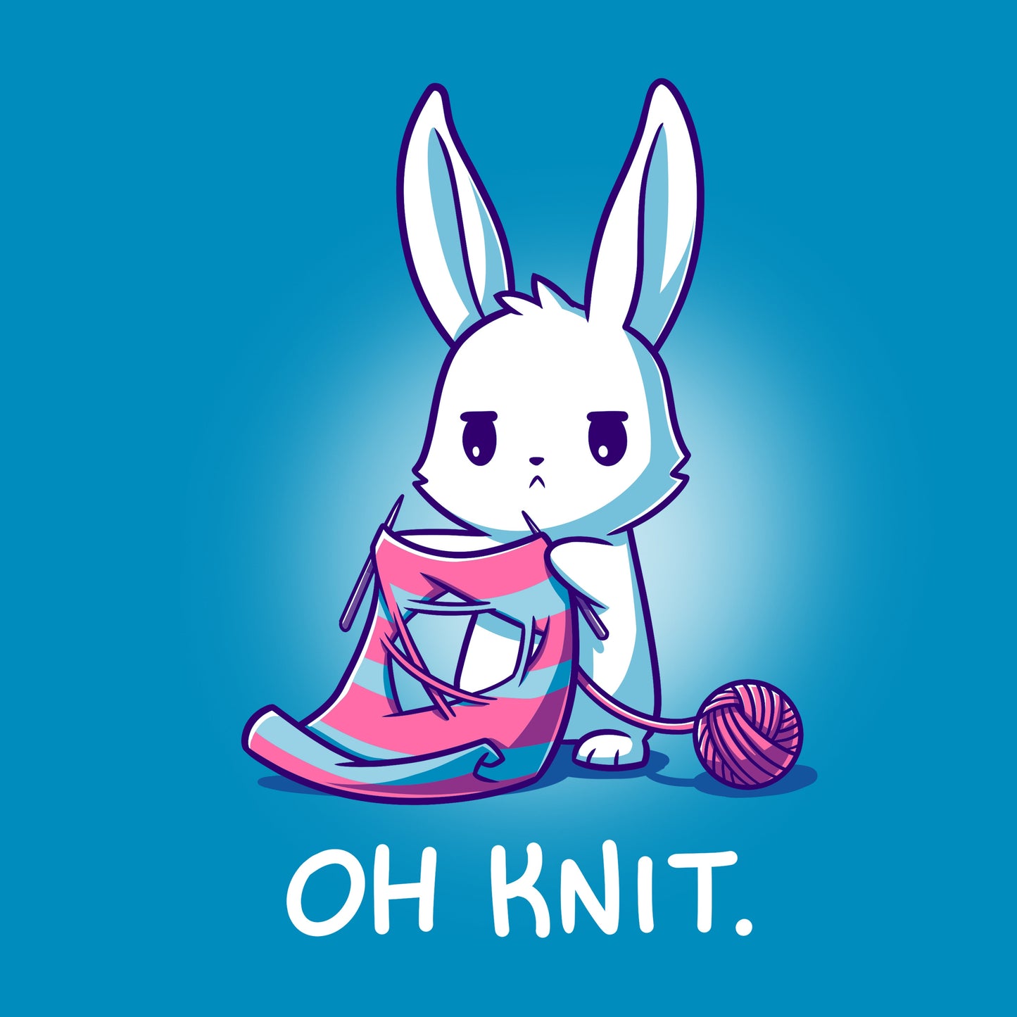 Premium Cotton T-shirt_Teeturtle Oh Knit Cobalt Blue featuring a white rabbit looking distraught. It's holding two knitting needles attached to a blue and pink striped scarf that has a large hole in the middle. There is a ball of pink yarn trailing off to the side and text beneath it that says "Oh knit."