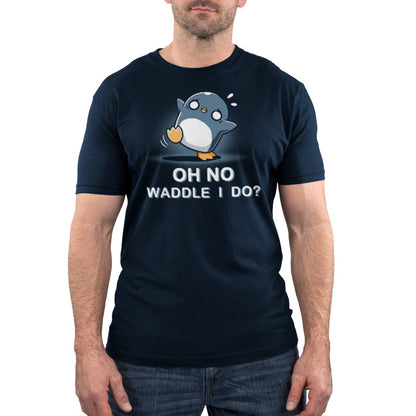 Premium Cotton T-shirt_TeeTurtle Waddle I Do? navy blue t-shirt featuring a penguin with a worried expression standing off-balance.