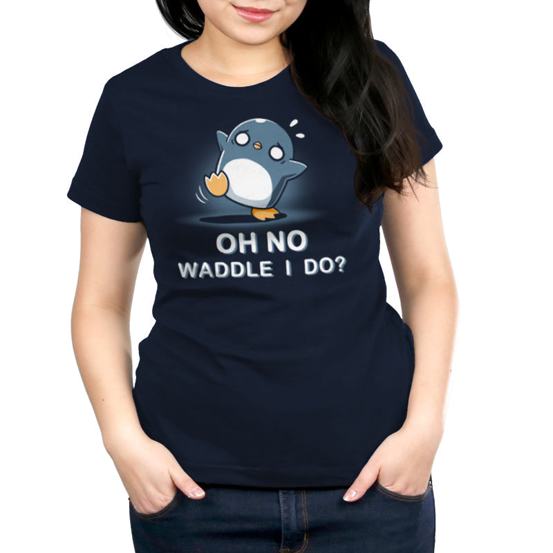 Premium Cotton T-shirt_TeeTurtle Waddle I Do? navy blue t-shirt featuring a penguin with a worried expression standing off-balance.