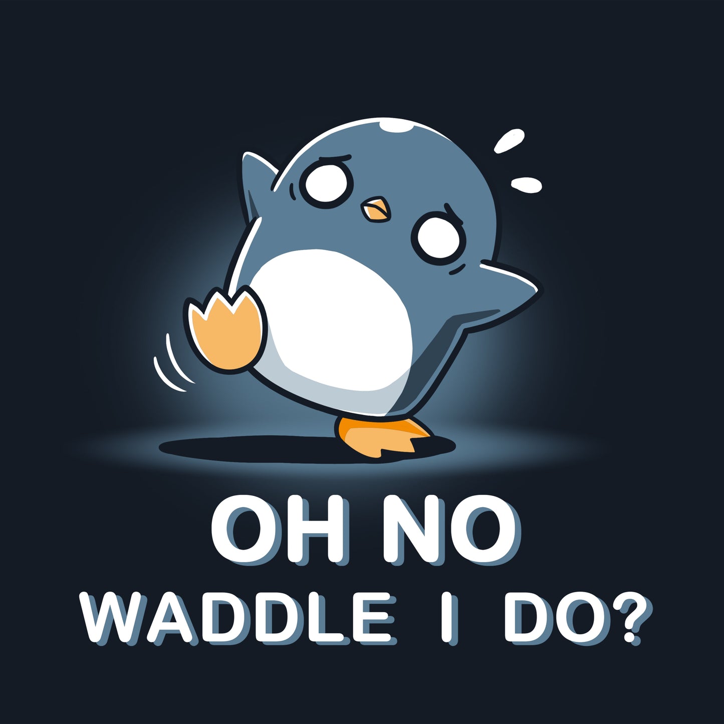 Premium Cotton T-shirt_TeeTurtle Waddle I Do? navy blue t-shirt featuring a penguin with a worried expression standing off-balance.