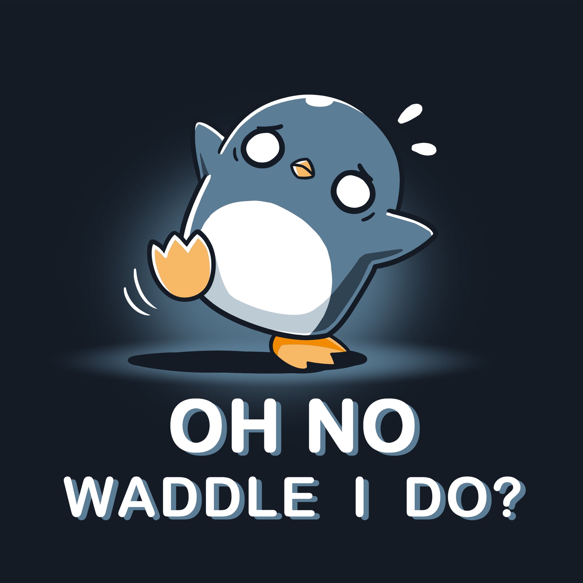 Premium Cotton T-shirt_TeeTurtle Waddle I Do? navy blue t-shirt featuring a penguin with a worried expression standing off-balance.