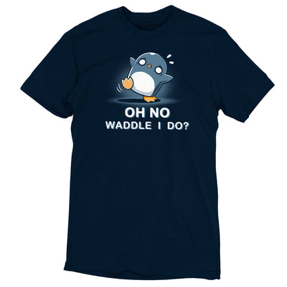 Premium Cotton T-shirt_TeeTurtle Waddle I Do? navy blue t-shirt featuring a penguin with a worried expression standing off-balance.