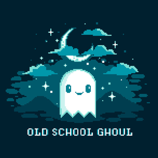 Premium Cotton T-shirt_TeeTurtle Old School Ghoul navy blue t-shirt featuring a spooky pixel art smiling ghost under a crescent moon and stars with text 