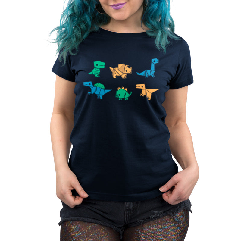 Premium Cotton T-shirt_TeeTurtle Origami Dinos navy blue t-shirt featuring a collection of origami dinosaurs in different colors.