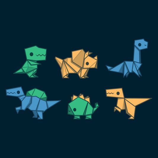 Premium Cotton T-shirt_TeeTurtle Origami Dinos navy blue t-shirt featuring a collection of origami dinosaurs in different colors.