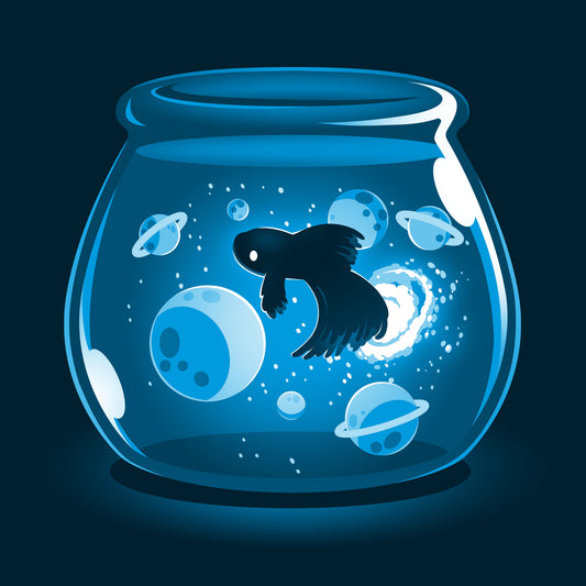 Premium Cotton T-shirt_TeeTurtle Space Betta navy blue t-shirt featuring a glowing fish swimming among planets and stars inside a fishbowl.