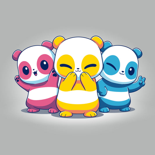 Premium Cotton T-shirt_TeeTurtle Pan Pride Pandas Silver Gray t-shirt featuring three cartoon pandas in pan pride flag colors.