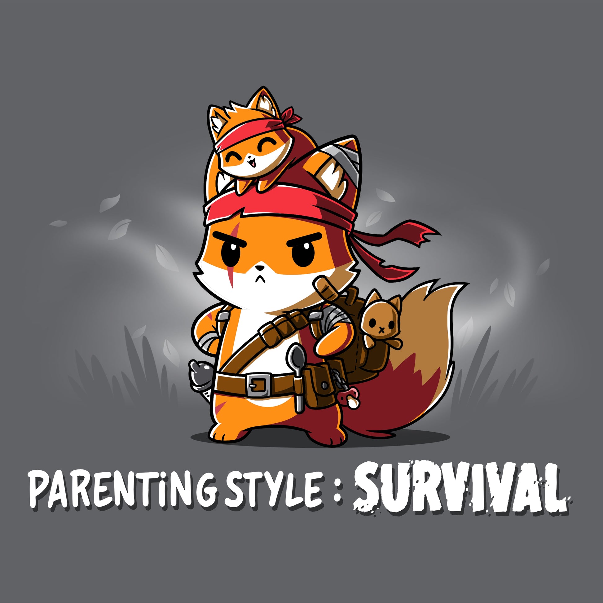 Premium Cotton T-shirt_TeeTurtle Parenting Style: Survival Charcoal Gray t-shirt featuring an illustration of a serious fox in survival gear, carrying a small fox on its head. Text below reads, "Parenting Style: Survival."