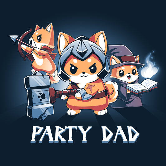 Premium Cotton T-shirt_TeeTurtle Party Dad navy blue t-shirt featuring a party of three foxes dressed as a warrior, an archer, and wizard with a pun below it.