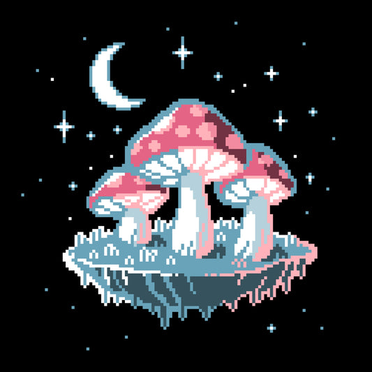 Premium Cotton T-shirt_TeeTurtle Pixel Mushrooms black t-shirt featuring a pixelated video game mushrooms with stars and the moon in the background.