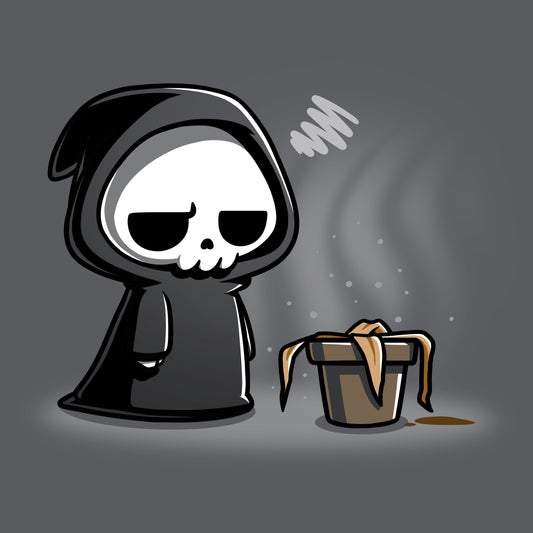 Premium Cotton T-shirt_TeeTurtle Plant Killer charcoal gray t-shirt featuring the grim reaper sadly looking at a dead plant.