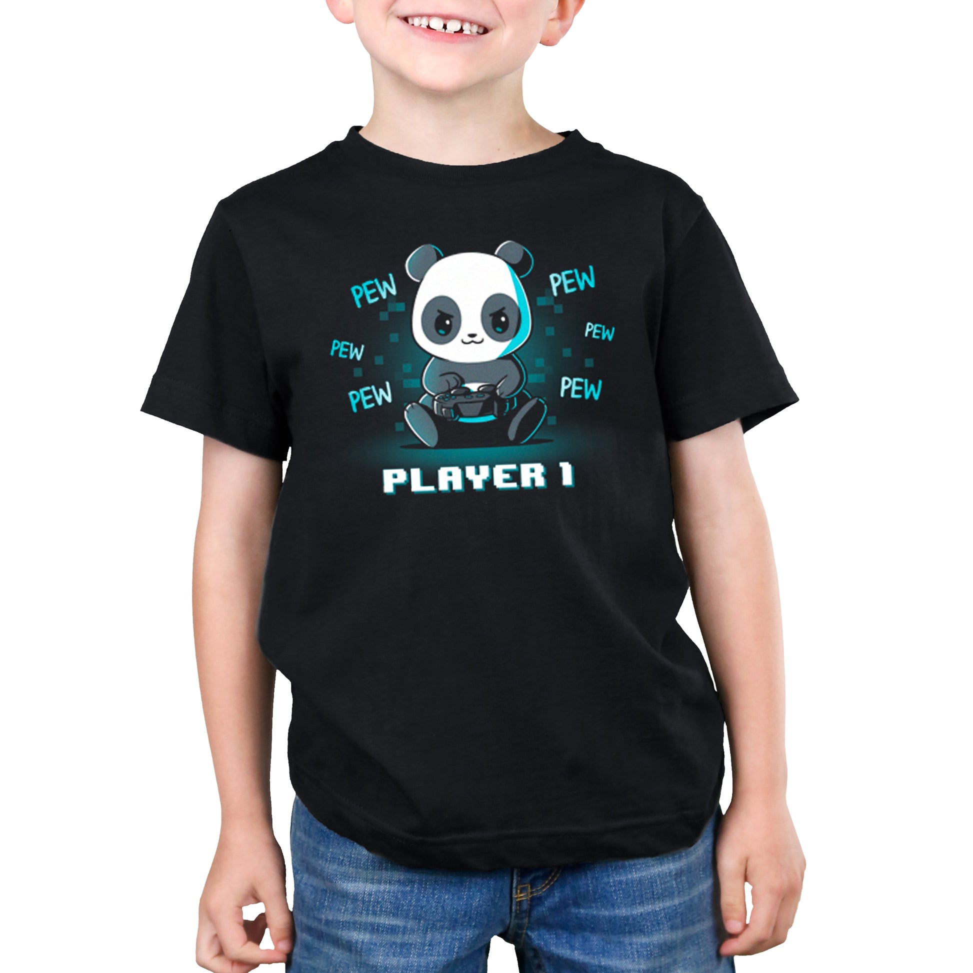 Premium Cotton T-shirt_Teeturtle Player 1 Panda black t-shirt featuring a determined panda holding a game controller with "PEW" written repeatedly around it. "PLAYER 1" is written at the bottom in pixelated text. 