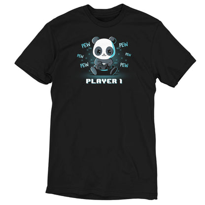 Premium Cotton T-shirt_Teeturtle Player 1 Panda black t-shirt featuring a determined panda holding a game controller with "PEW" written repeatedly around it. "PLAYER 1" is written at the bottom in pixelated text. 