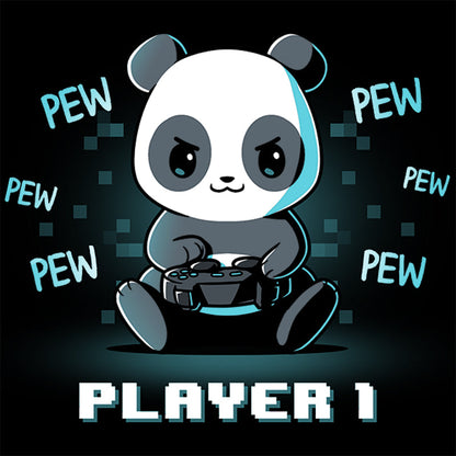 Premium Cotton T-shirt_Teeturtle Player 1 Panda black t-shirt featuring a determined panda holding a game controller with "PEW" written repeatedly around it. "PLAYER 1" is written at the bottom in pixelated text. 