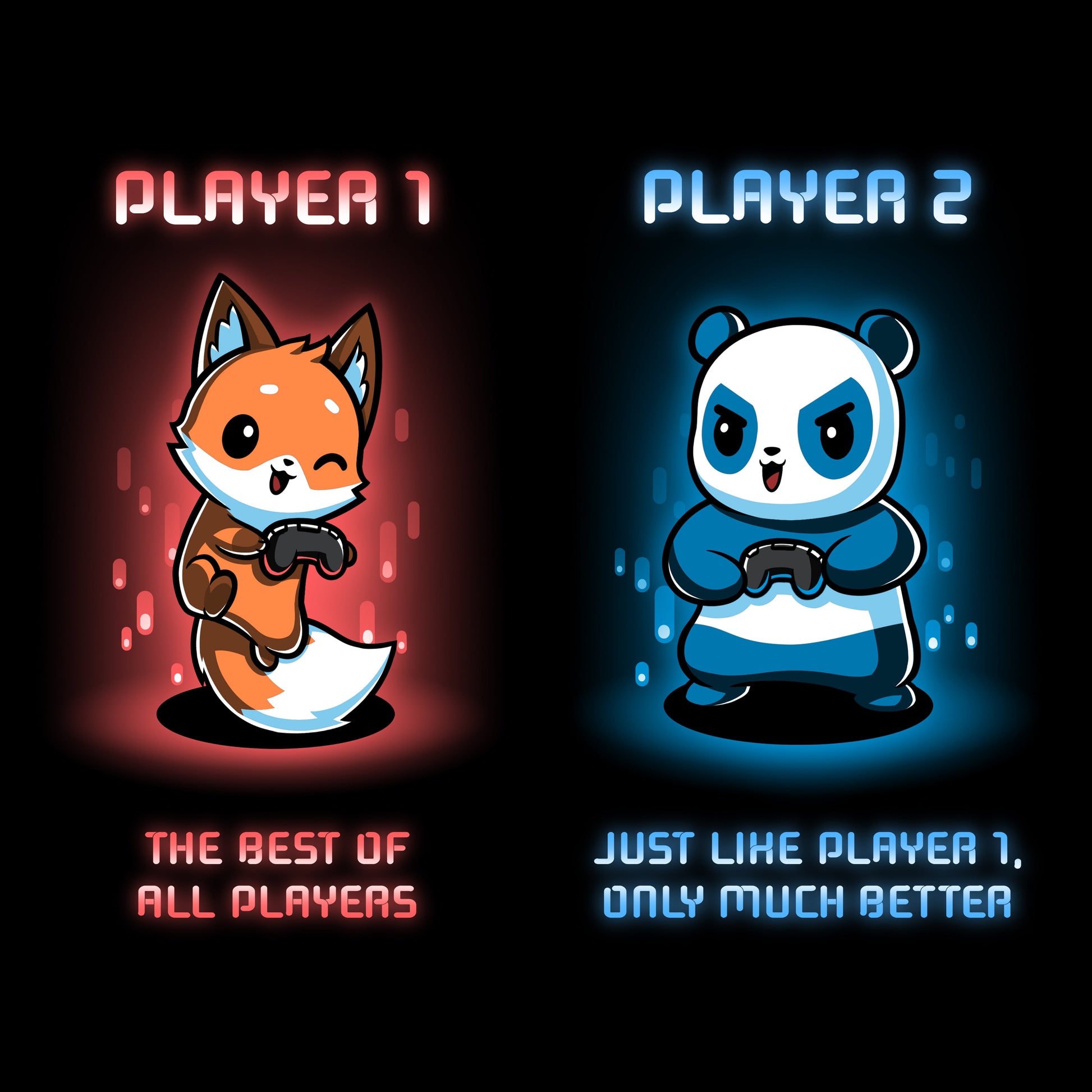 Premium Cotton T-shirt_TeeTurtle Player 1 and Player 2 black t-shirt featuring a fox and panda holding video game controllers in a player selection screen.