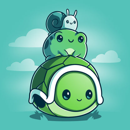 Premium Cotton T-shirt_TeeTurtle Pond Pals caribbean blue t-shirt featuring a turtle with a frog sitting on its shell and a snail on top of the frog.