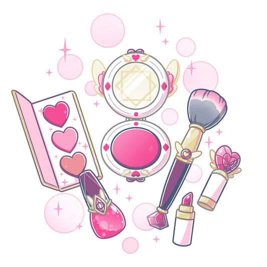 Premium Cotton T-shirt_TeeTurtle Pretty in Pink white t-shirt featuring an illustrated mini makeup set featuring a blush brush, compact mirror, eyeshadow palette, lipstick, and nail polish, all surrounded by decorative pink sparkles and hearts in a magical set. 