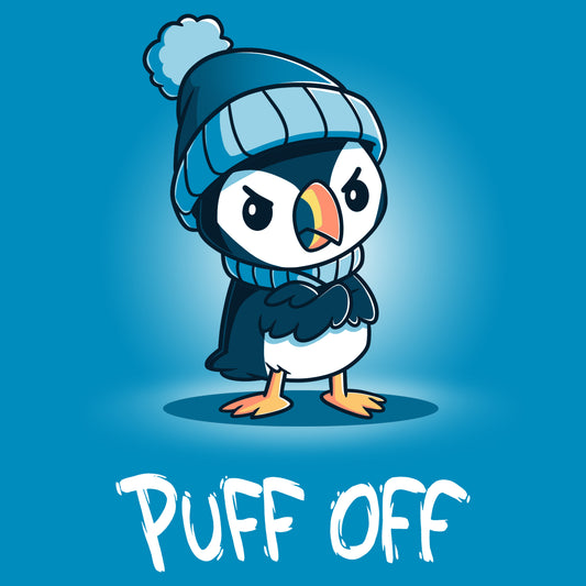 Premium Cotton T-shirt_TeeTurtle Puff Off cobalt blue t-shirt featuring a grumpy puffin wearing a hat and scarf with a pun underneath.