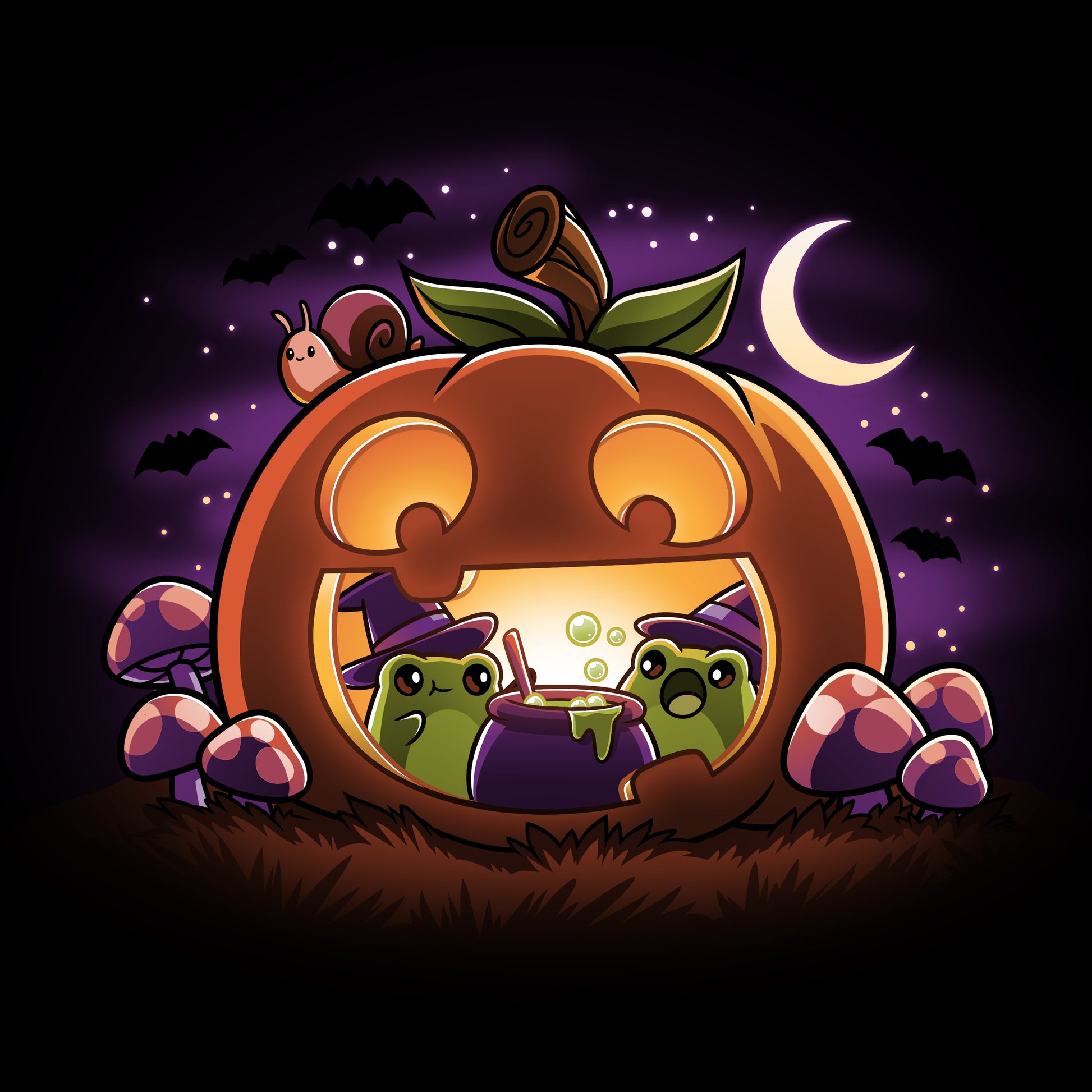 Premium Cotton T-shirt_TeeTurtle Pumpkin Frog Witches black t-shirt featuring two frogs wearing witch hats brewing a cauldron of potion inside of a happy Halloween jack-o-lantern.