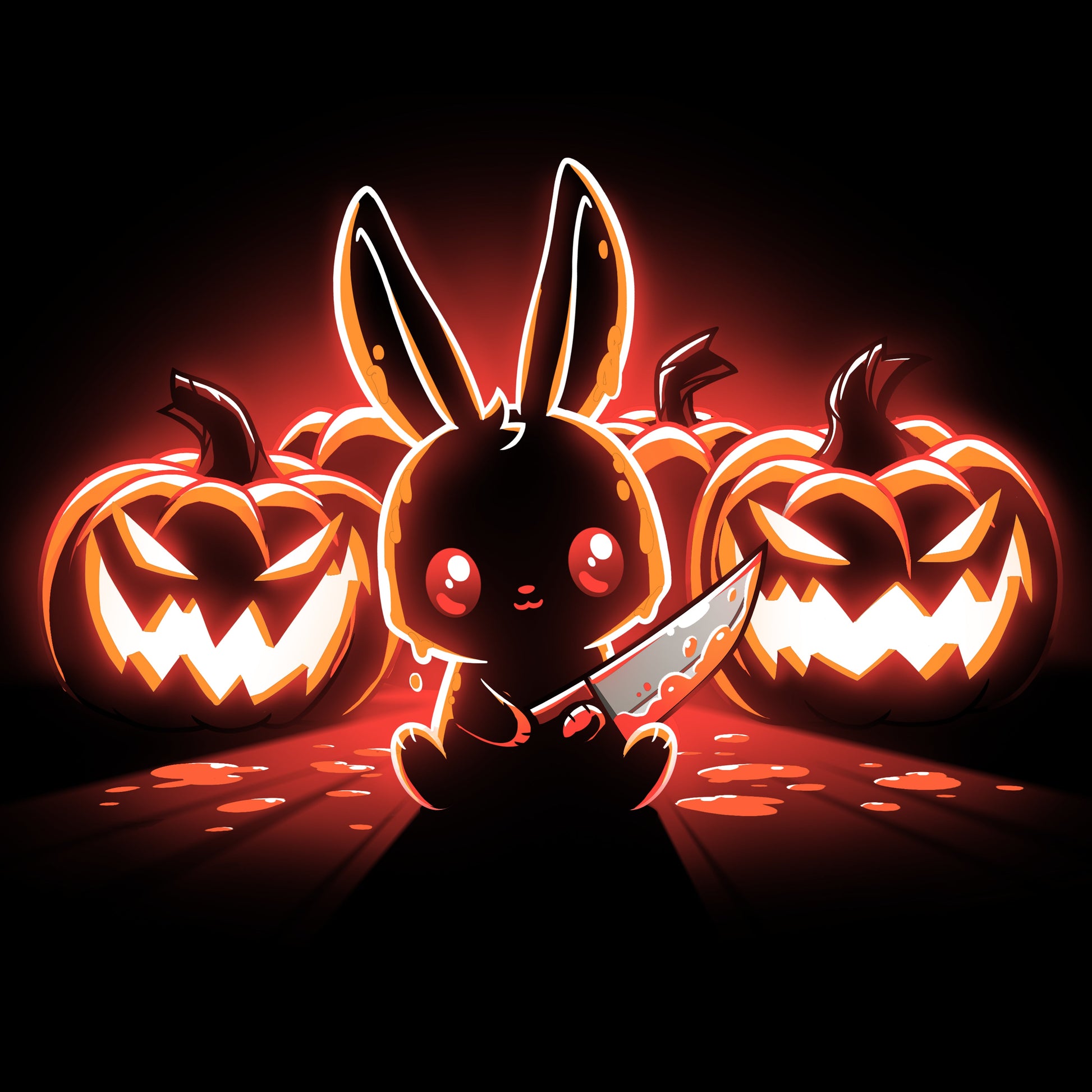 Premium Cotton T-shirt_TeeTurtle Pumpkin Murderer black t-shirt featuring a cute bunny holding a knife sitting in front of carved jack-o'-lanterns, illuminated by a glowing red light.