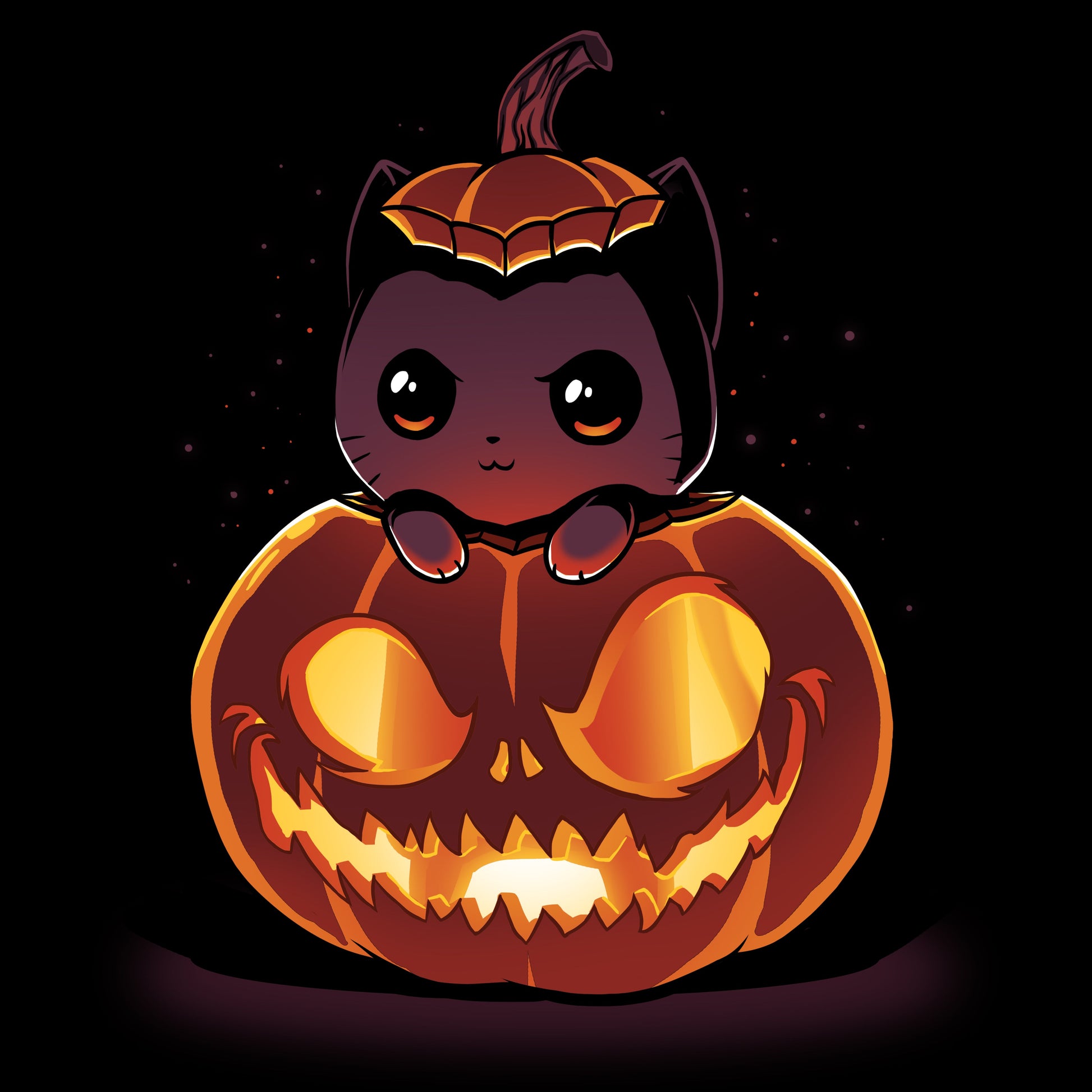 Premium Cotton T-shirt_TeeTurtle black Pumpkitten. Featuring a cat popping out of a spooky jack-o-lantern pumpkin.