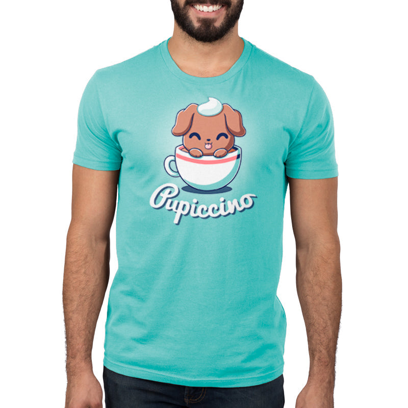 Premium Cotton T-shirt_TeeTurtle Pupiccino Caribbean Blue t-shirt featuring a kawaii and sweet brown puppy in a coffee cup with whipped cream on his head and his tongue sticking out.