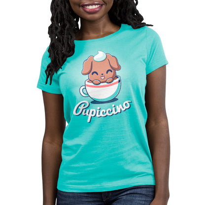 Premium Cotton T-shirt_TeeTurtle Pupiccino Caribbean Blue t-shirt featuring a kawaii and sweet brown puppy in a coffee cup with whipped cream on his head and his tongue sticking out.