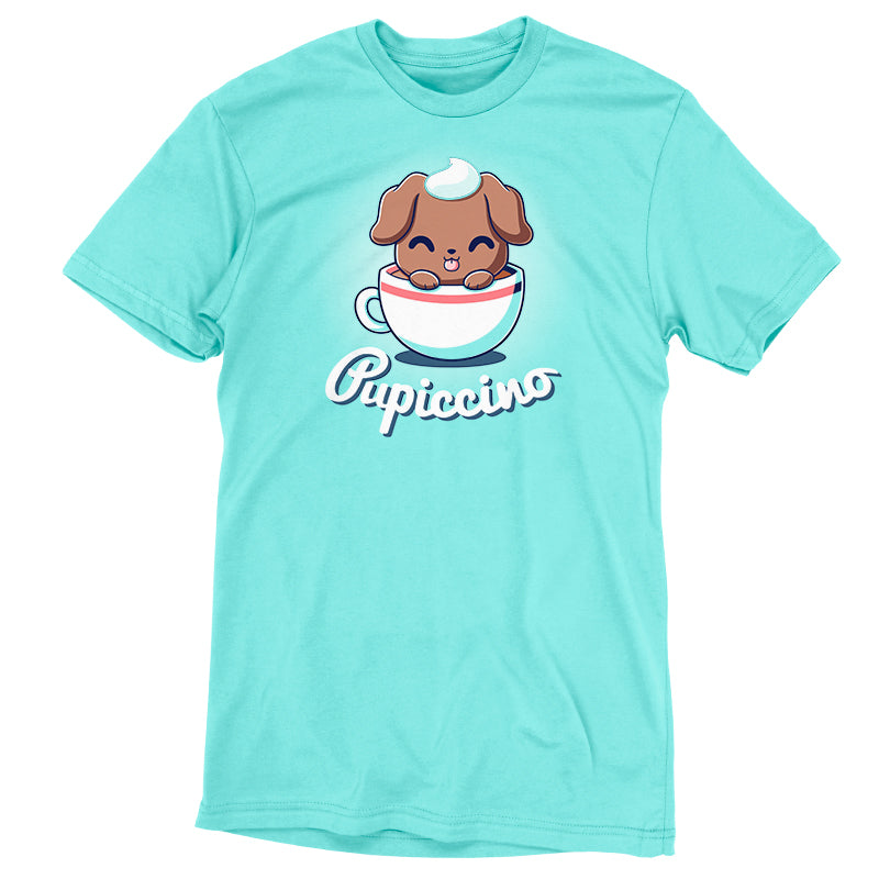 Premium Cotton T-shirt_TeeTurtle Pupiccino Caribbean Blue t-shirt featuring a kawaii and sweet brown puppy in a coffee cup with whipped cream on his head and his tongue sticking out.