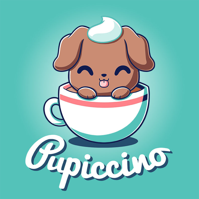 Premium Cotton T-shirt_TeeTurtle Pupiccino Caribbean Blue t-shirt featuring a kawaii and sweet brown puppy in a coffee cup with whipped cream on his head and his tongue sticking out.