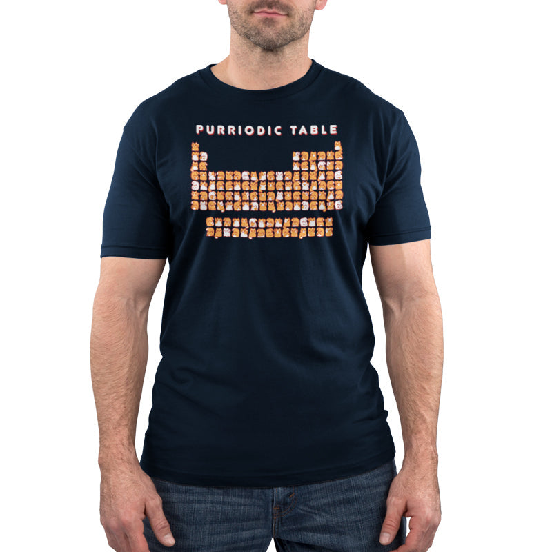 Premium Cotton T-shirt_TeeTurtle Purriodic Table navy blue t-shirt featuring a periodic table chart with elements represented by cats.