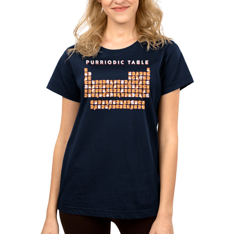 Premium Cotton T-shirt_TeeTurtle Purriodic Table navy blue t-shirt featuring a periodic table chart with elements represented by cats.