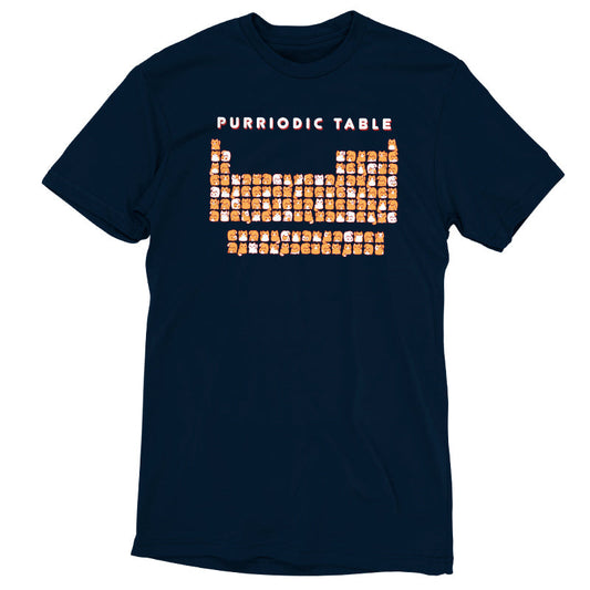 Premium Cotton T-shirt_TeeTurtle Purriodic Table navy blue t-shirt featuring a periodic table chart with elements represented by cats.