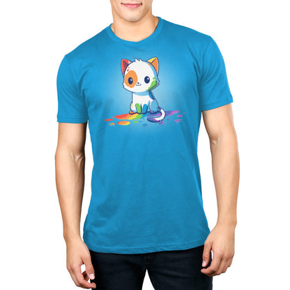 Premium Cotton T-shirt_TeeTurtle Rainbow Cat Cobalt Blue t-shirt featuring an illustration of a white cartoon kitten with colorful paint splashes on its body, sitting on a floor with rainbow-colored paint drops around it. 