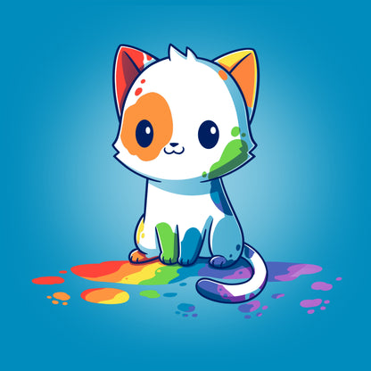 Premium Cotton T-shirt_TeeTurtle Rainbow Cat Cobalt Blue t-shirt featuring an illustration of a white cartoon kitten with colorful paint splashes on its body, sitting on a floor with rainbow-colored paint drops around it. 