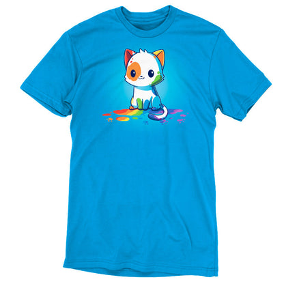 Premium Cotton T-shirt_TeeTurtle Rainbow Cat Cobalt Blue t-shirt featuring an illustration of a white cartoon kitten with colorful paint splashes on its body, sitting on a floor with rainbow-colored paint drops around it. 