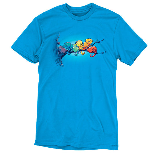 Premium Cotton T-shirt_Teeturtle Rainbow Chameleons Cobalt Blue Featuring a group of six chameleons relaxing on a tree branch, each a different color.