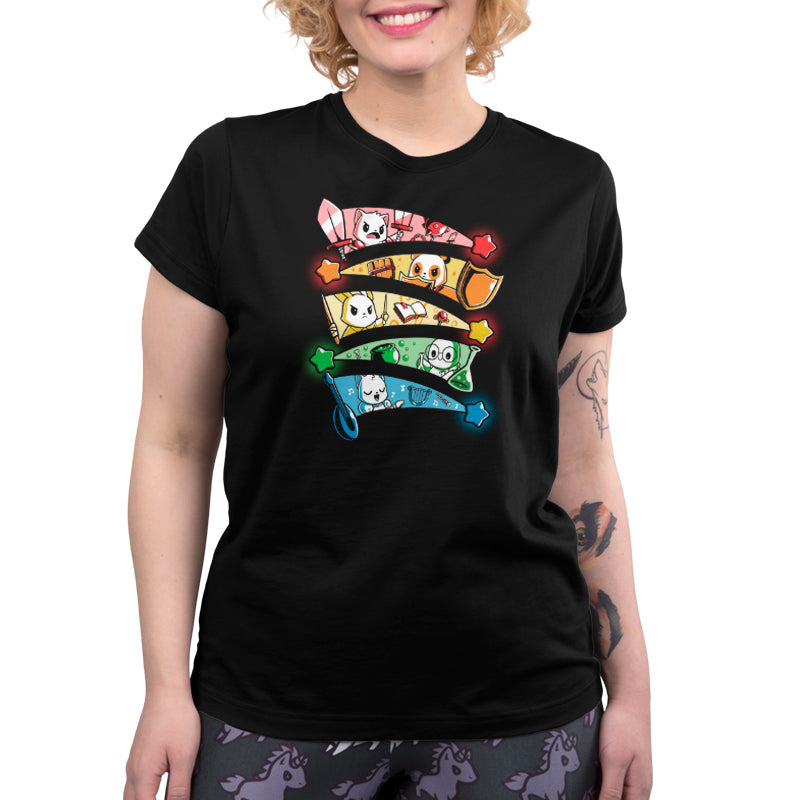 Premium Cotton T-shirt_Teeturtle Rainbow Party Animals black t-shirt featuring a cat, a panda, a bunny, a turtle and a squirrel, each of a different RPG class framed in the different rainbow-colored trails of a star against a black background.