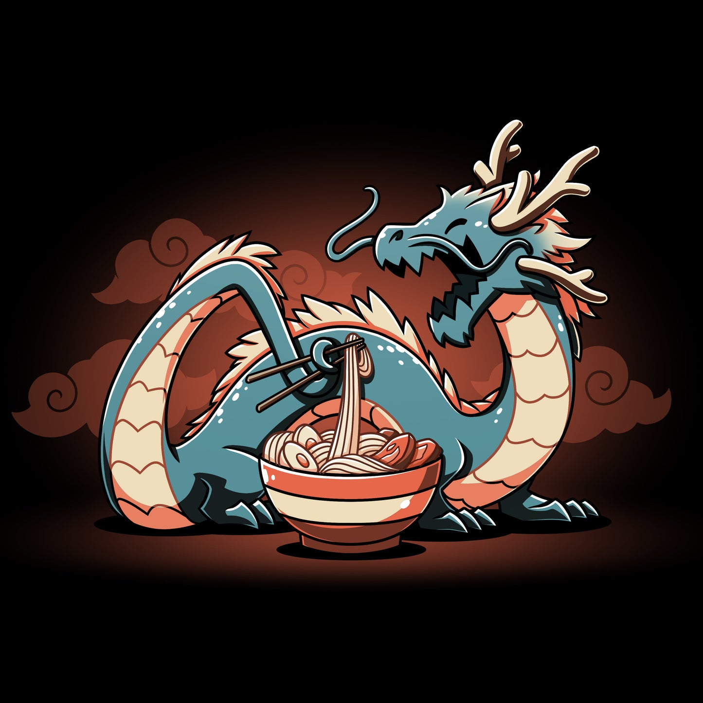 Premium Cotton T-shirt_TeeTurtle Ramen Dragon black t-shirt featuring a food loving dragon with chopsticks who eats noodles from a bowl, set against a dark background with swirling clouds.