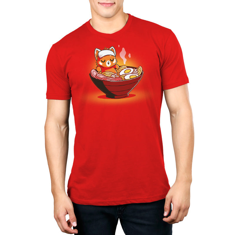 Premium Cotton T-shirt_TeeTurtle Ramen Red Panda red t-shirt featuring a relaxed red panda in a bowl of steaming ramen.