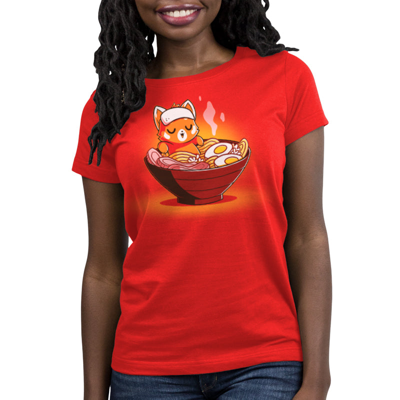 Premium Cotton T-shirt_TeeTurtle Ramen Red Panda red t-shirt featuring a relaxed red panda in a bowl of steaming ramen.