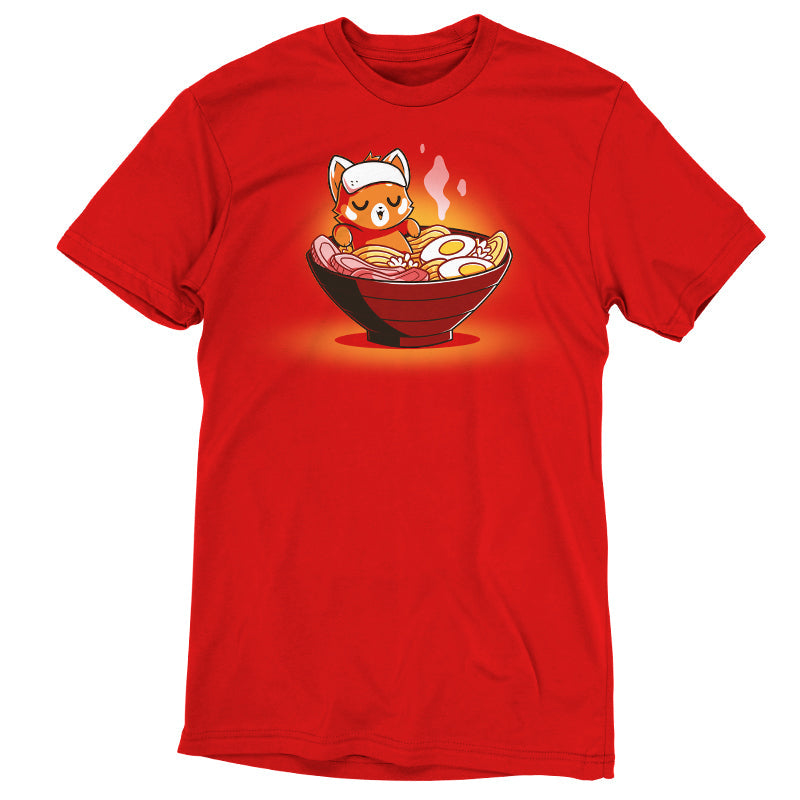 Premium Cotton T-shirt_TeeTurtle Ramen Red Panda red t-shirt featuring a relaxed red panda in a bowl of steaming ramen.